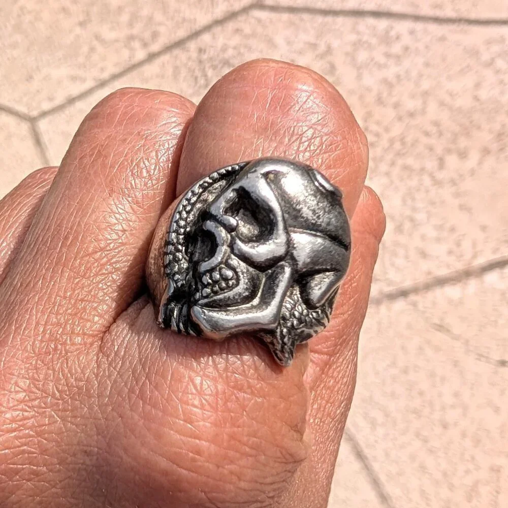 Vintage Silver Skull Ring Abstract Biker Style size 8 Gothic Chunky Adjustable